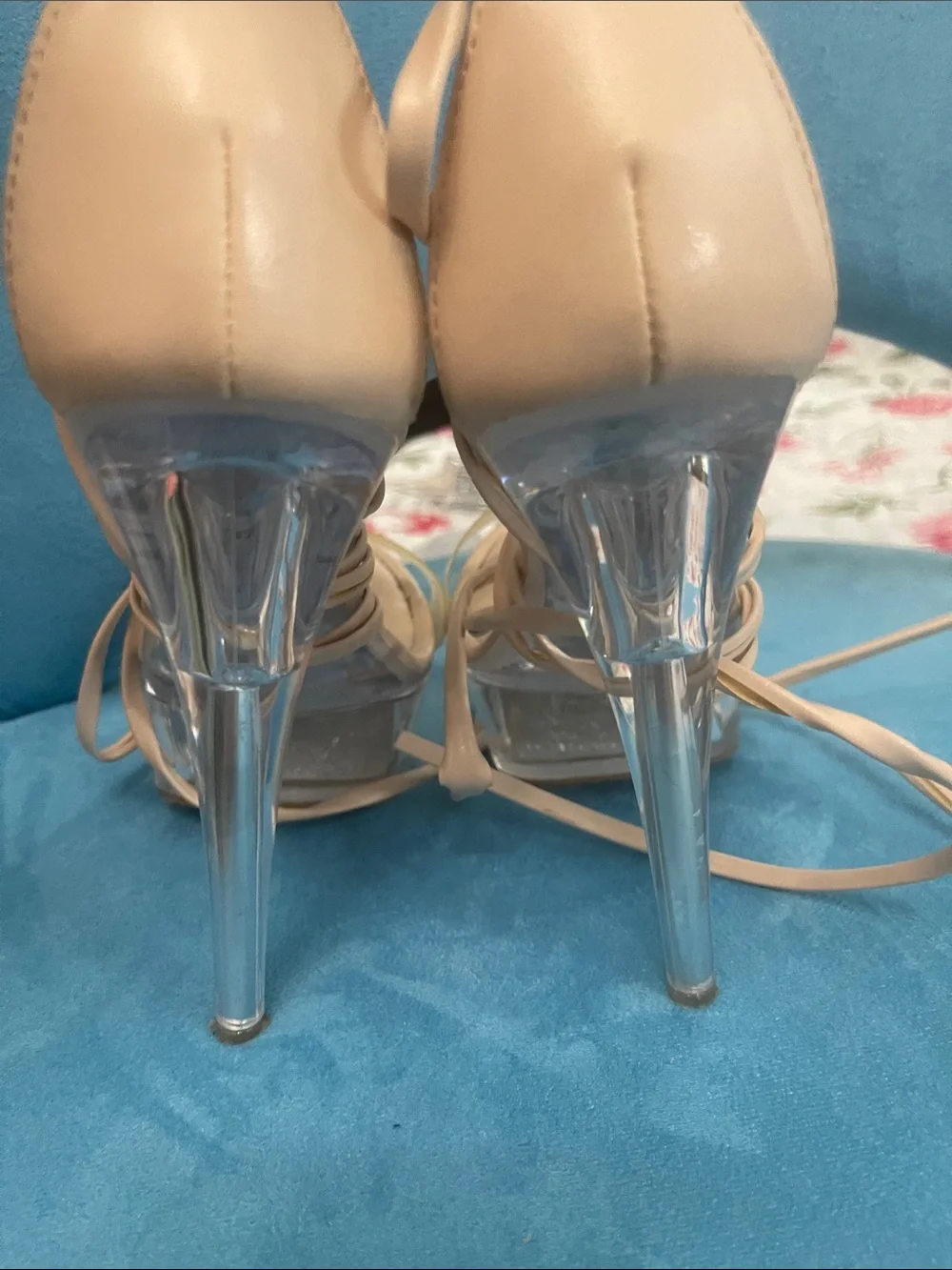 Fashion Nova Beige Lace-Up Clear Platform Heels